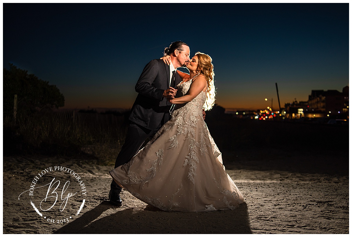 Bokeh Love Photography, Cape May Wedding, jersey Shore wedding photographer, beach wedding, beach bride, handsome groom, bride and groom beach portraits, romantic night portraits, nighttime wedding portraits