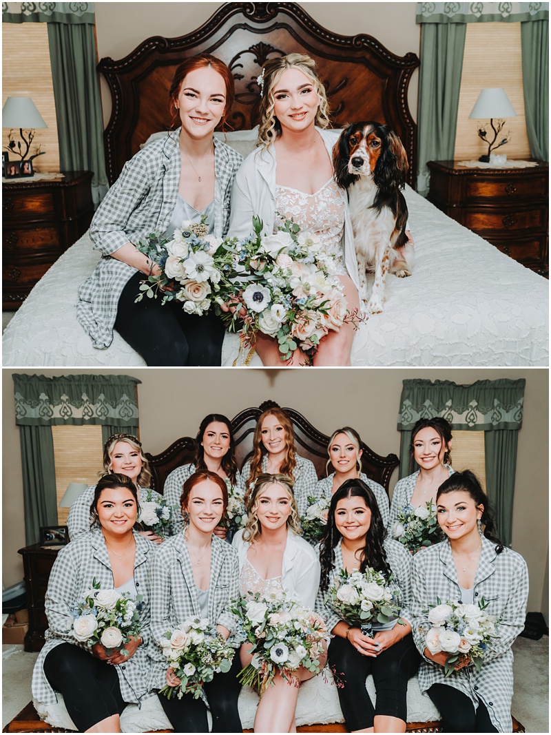 Professional Wedding Photo by Bokeh Love Photography, the bradford estate, bridal prep,  bride sitting on parents bed with bridesmaids and dog