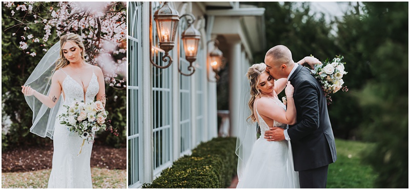 Professional Wedding Photo by Bokeh Love Photography, the bradford estate, bride and groom portraits, beautiful lanterns on building with amber glow, lush greenery, romantic, pink flowering trees, bokeh