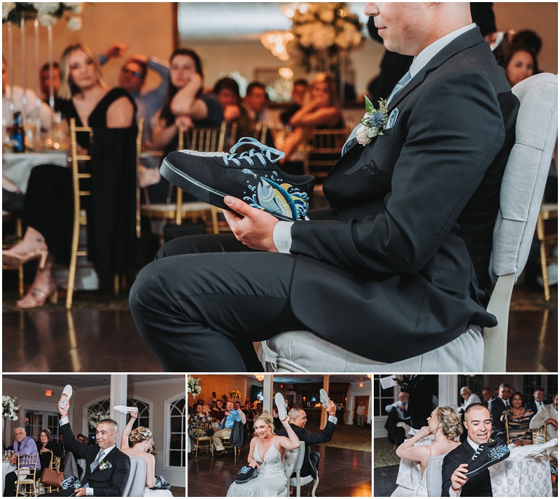 Professional Wedding Photo by Bokeh Love Photography, The Bradford Estate, bride and groom doing the shoe game with custom designed shoes