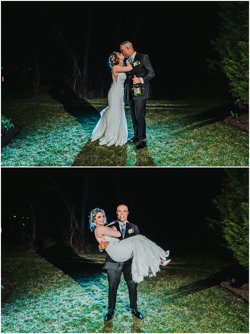 Professional Wedding Photo by Bokeh Love Photography, A Springtime Wedding at The Bradford Estate, night portrait bride and groom, made with magmod, creative gels, green gel over speedlight behind couple creating a beautiful glow