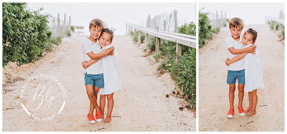 Photo by Bokeh Love Photography, brother and sister, small kids together on the beach for a family portrait in LBI new jersey