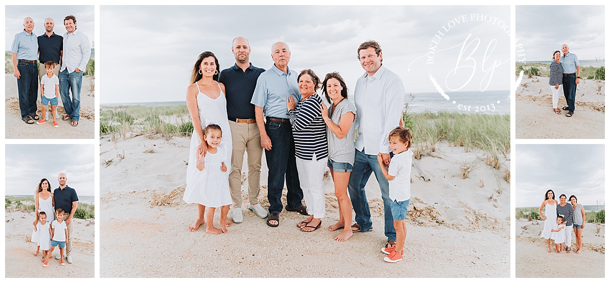 Photo by Bokeh Love Photography, extended family together on the beach for a family portrait in LBI new jersey