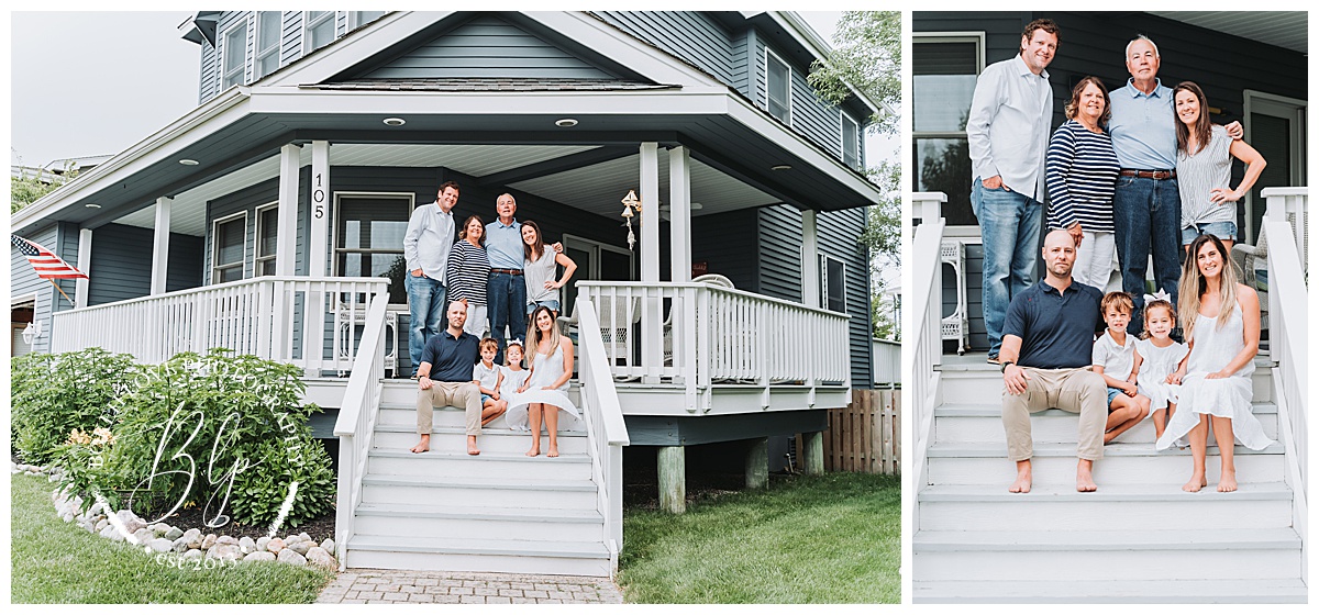 Photo by Bokeh Love Photography, extended family together on the porch for a family portrait in LBI new jersey