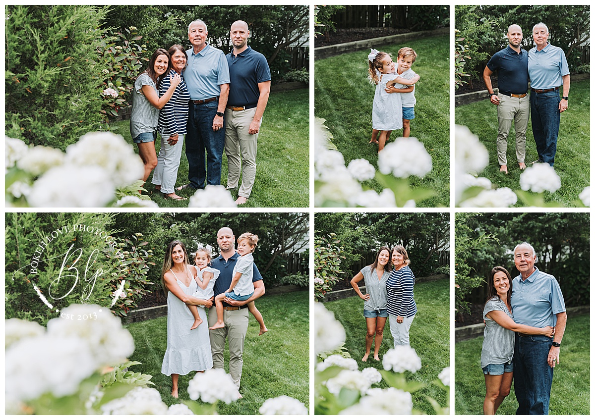 Photo by Bokeh Love Photography, extended family together on the back lawn for a family portrait in LBI new jersey