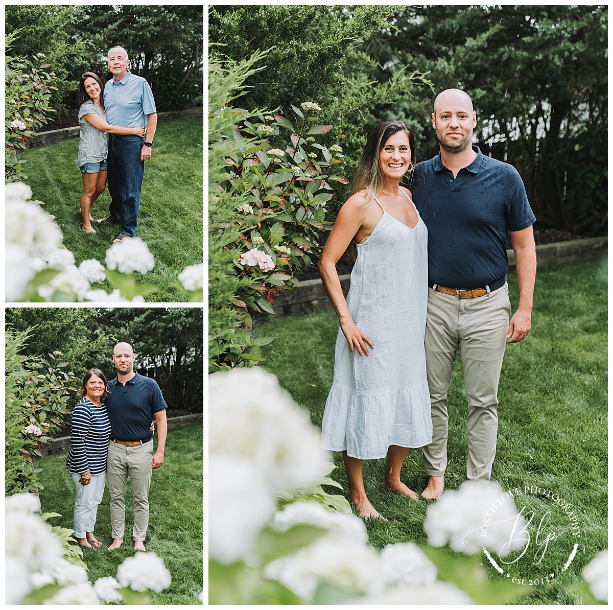 Photo by Bokeh Love Photography, extended family together on the back lawn for a family portrait in LBI new jersey