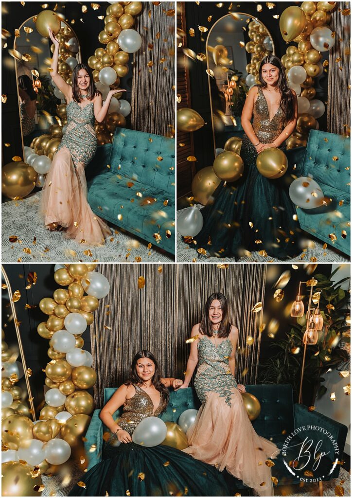 image by bokeh love photography, best friends celebrating new years eve on a green couch, dressed in elegant prom dresses throwing balloons and confetti