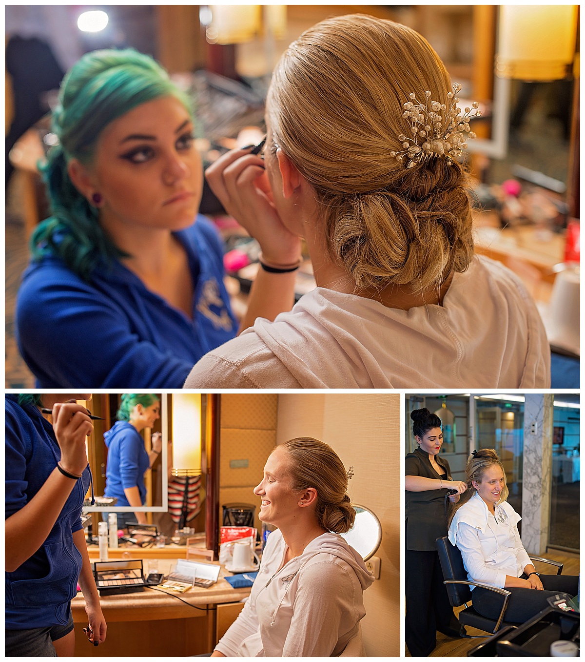 bride getting ready for cruise wedding, Destination wedding photography by Bokeh Love Photography