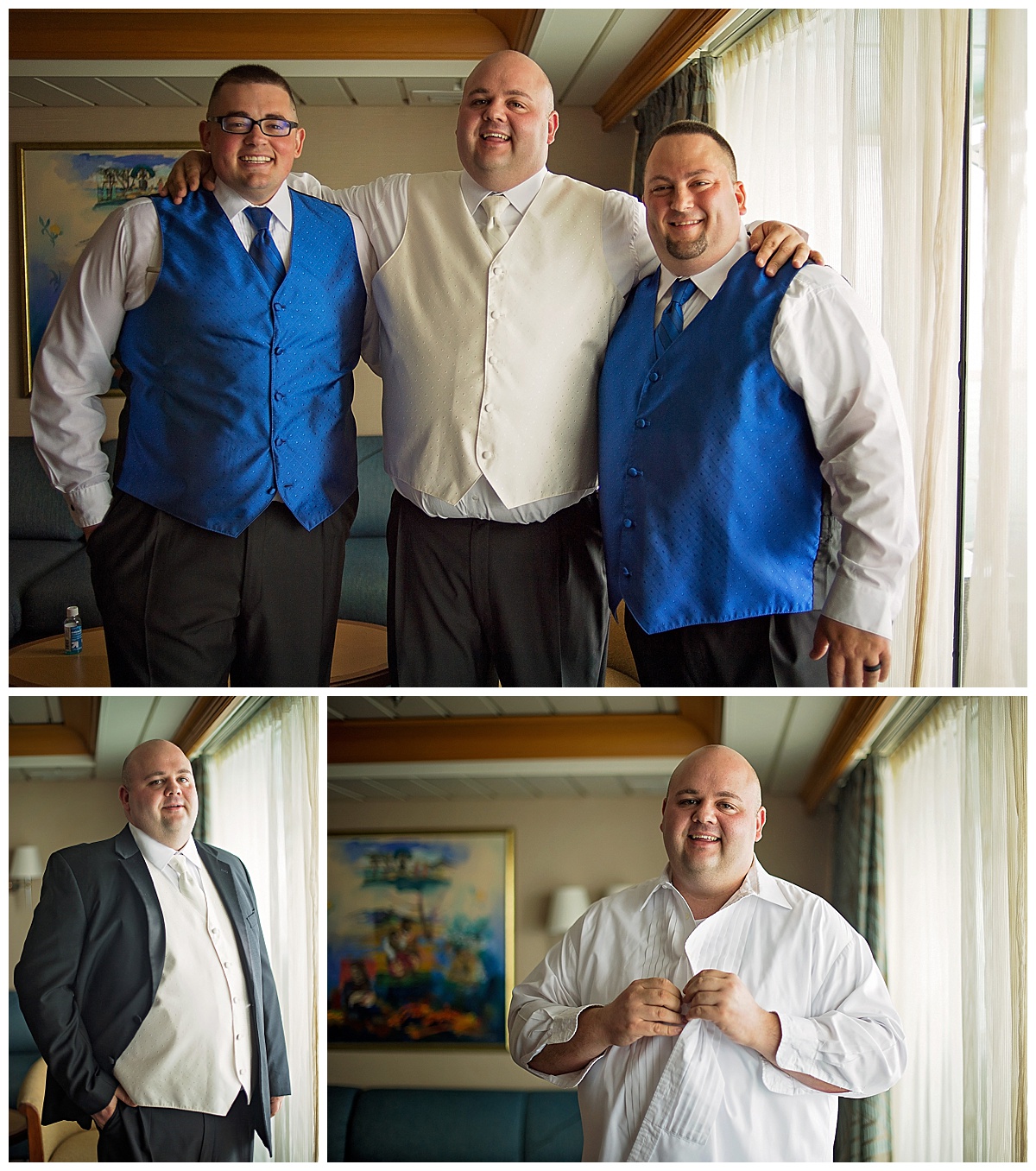 groom getting ready for cruise wedding, Destination wedding photography by Bokeh Love Photography