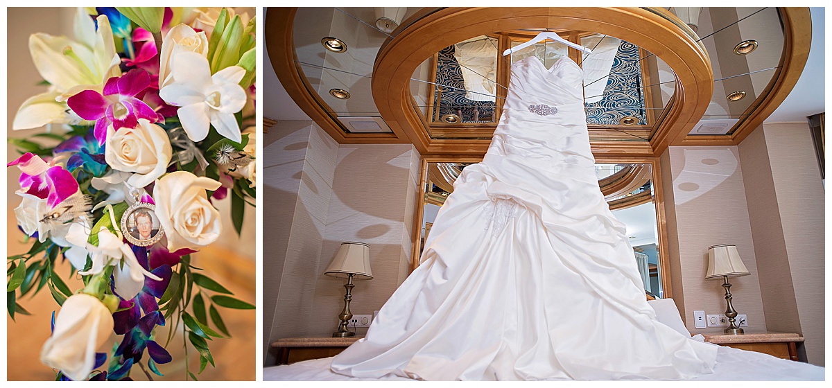 brides wedding dress hanging from top of bed on cruise ship, Destination wedding photography by Bokeh Love Photography