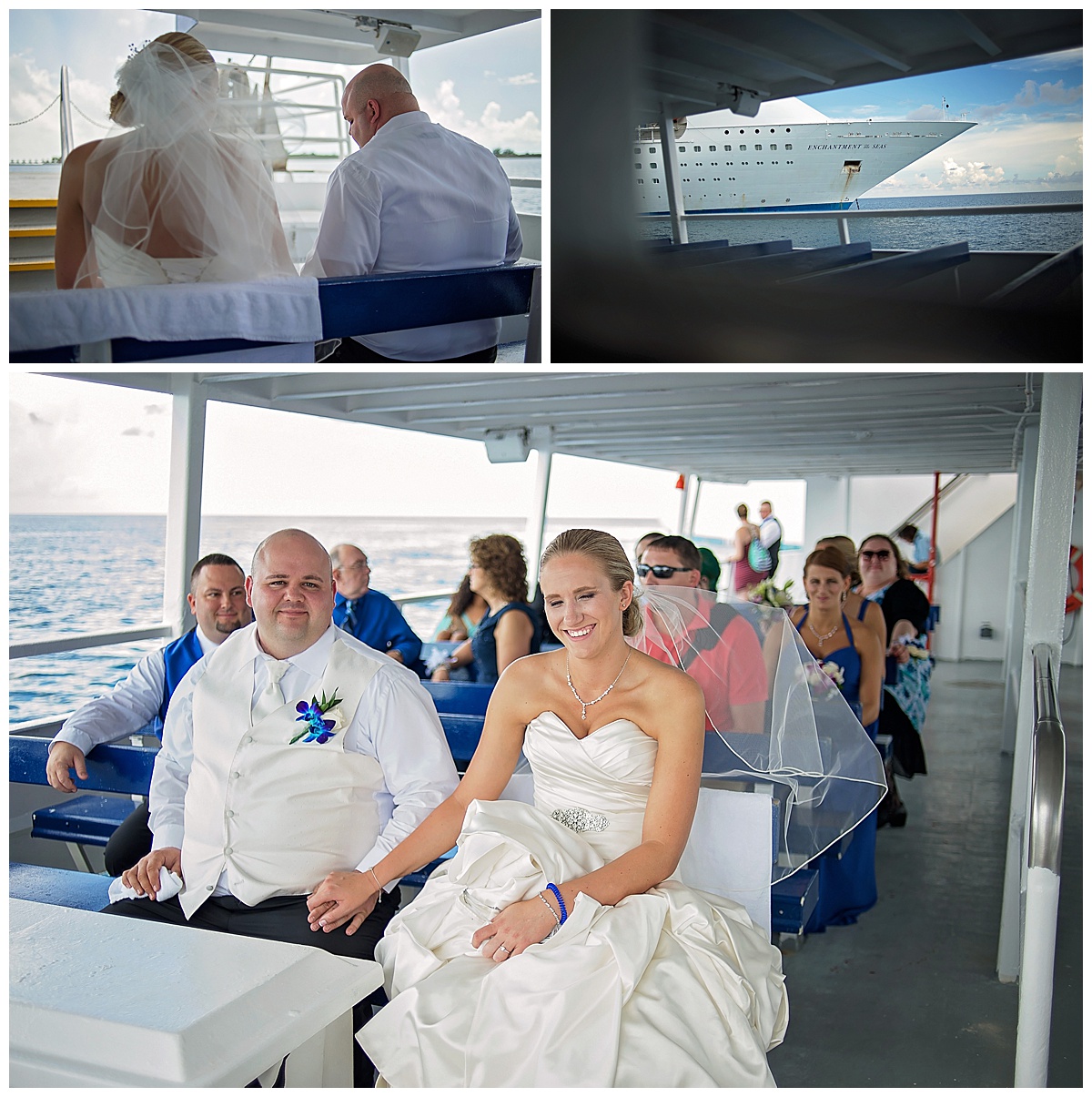 bride and groom in ferry on their way to the island from the cruise ship, for wedding portraits, , Destination wedding photography by Bokeh Love Photography