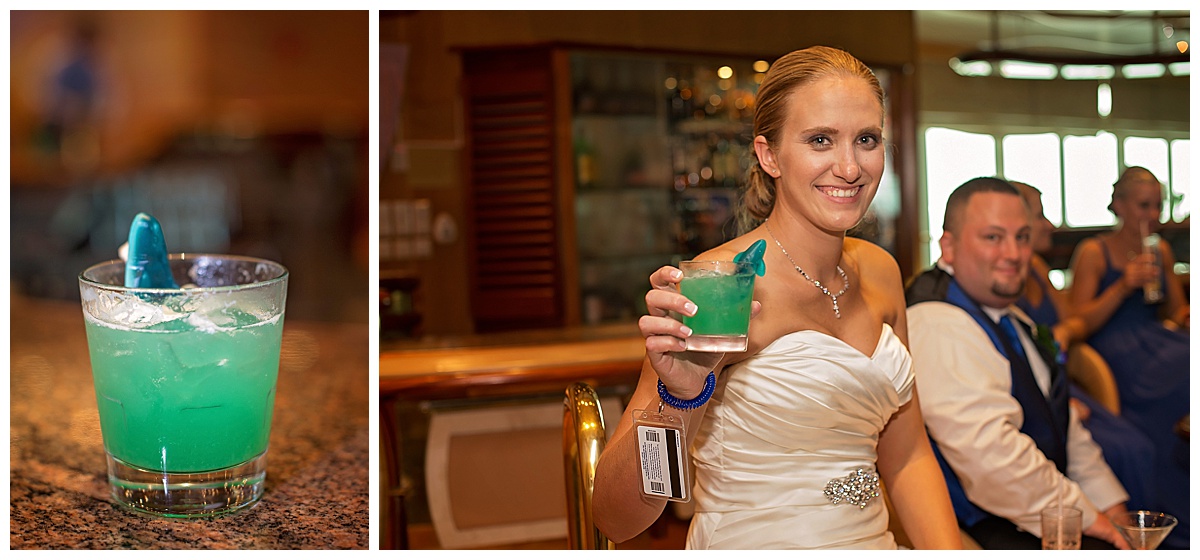 bride showing off specialty wedding drink, shark cocktail, Destination wedding photography by Bokeh Love Photography