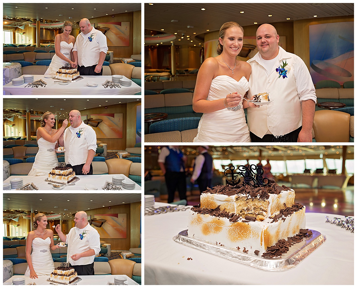bride and groom cutting s'mores wedding cake, Destination wedding photography by Bokeh Love Photography