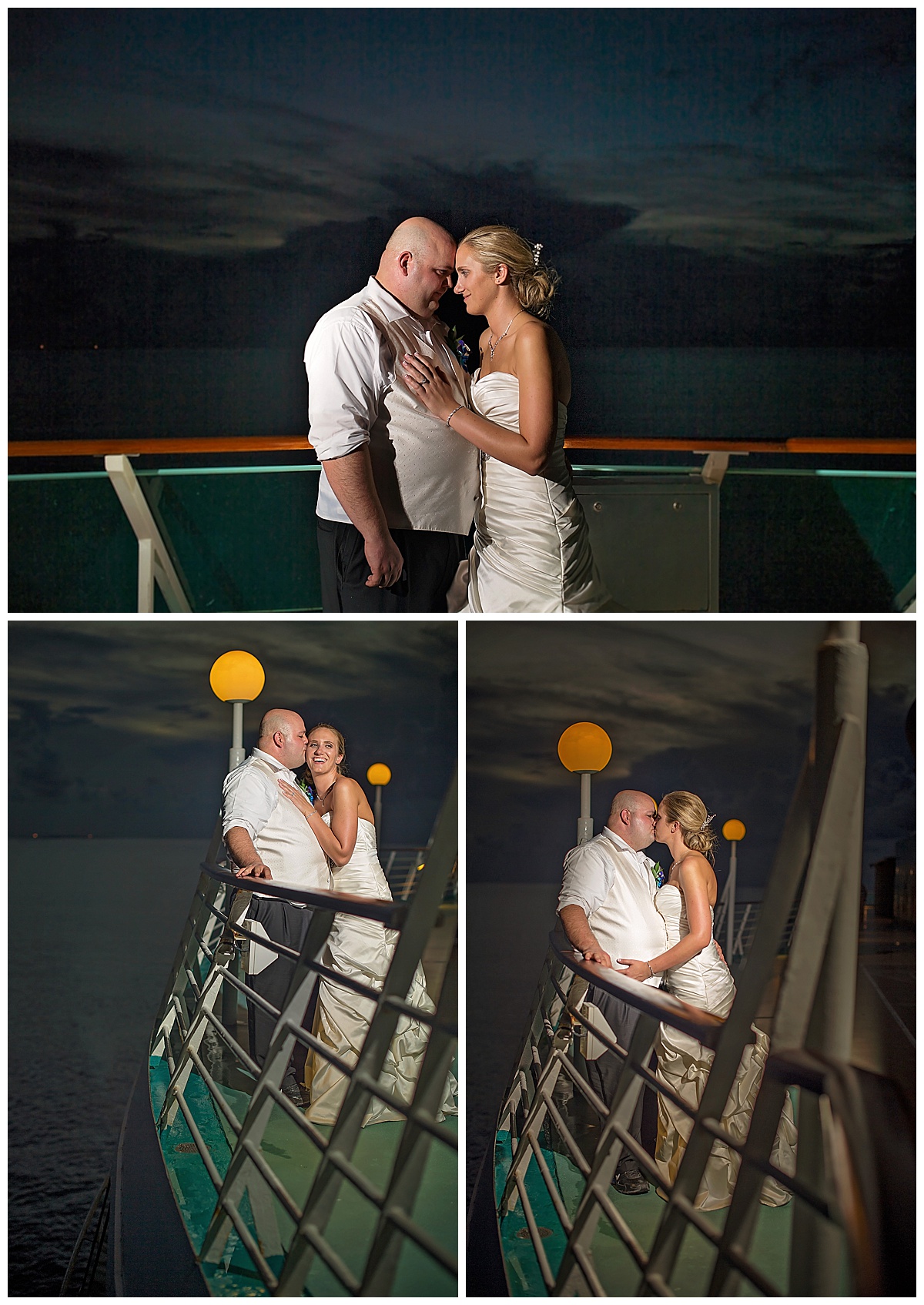 bride and groom night portraits on cruise ship, romantic, , Destination wedding photography by Bokeh Love Photography