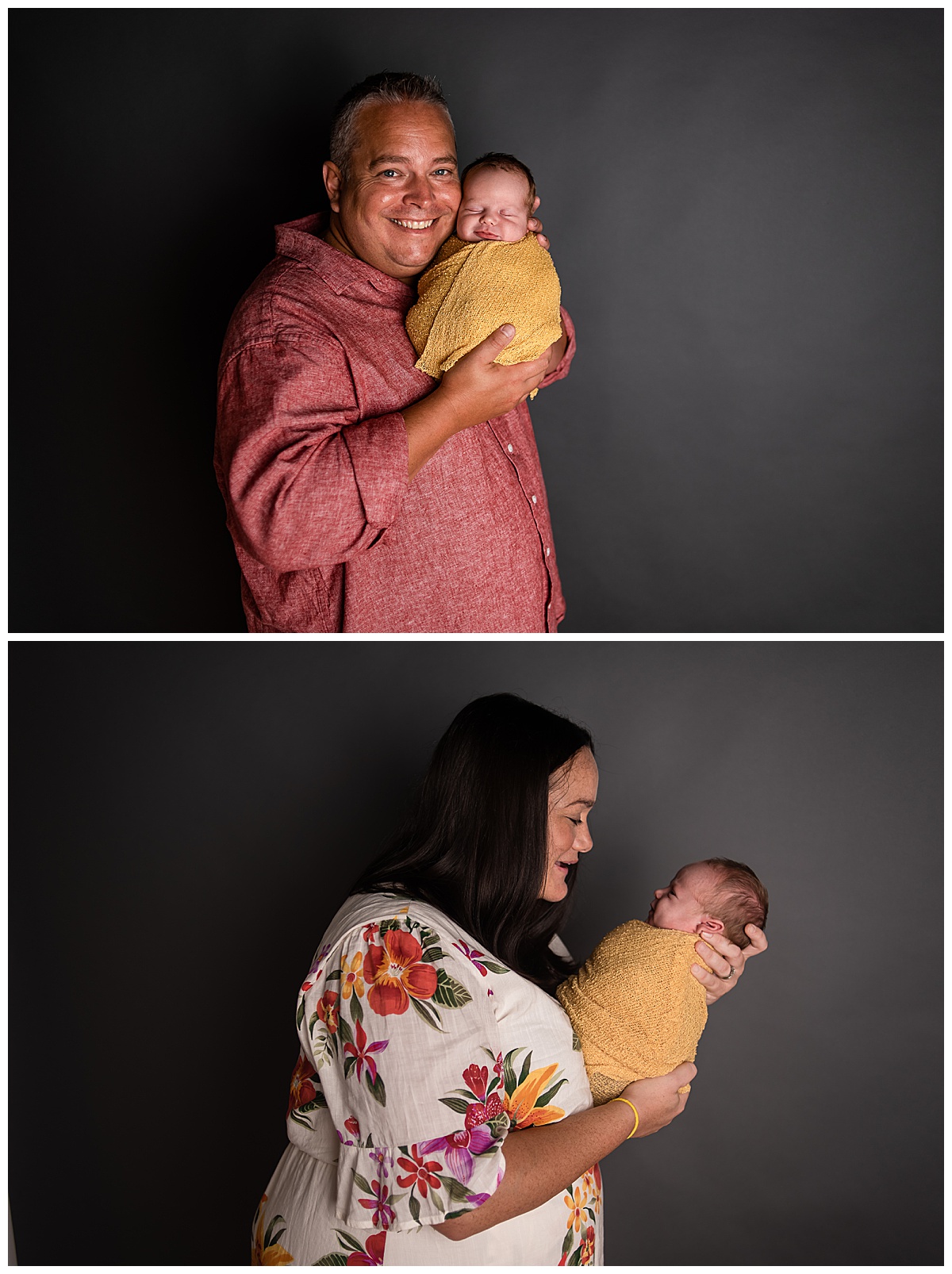 Newborn Session with Family Portraits before session. Beautiful baby boy in a yellow wrap, with mom & dad , Photographs by Bokeh Love Photography.