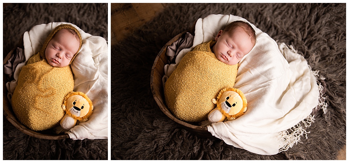 Newborn Session with Family Portraits before session. Beautiful baby boy in a yellow wrap, Photographs by Bokeh Love Photography.