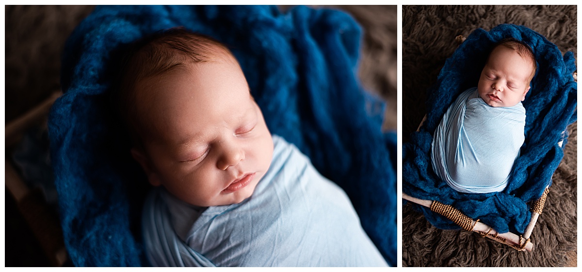 Newborn Session with Family Portraits before session. Beautiful baby boy in a blue wrap, Photographs by Bokeh Love Photography.