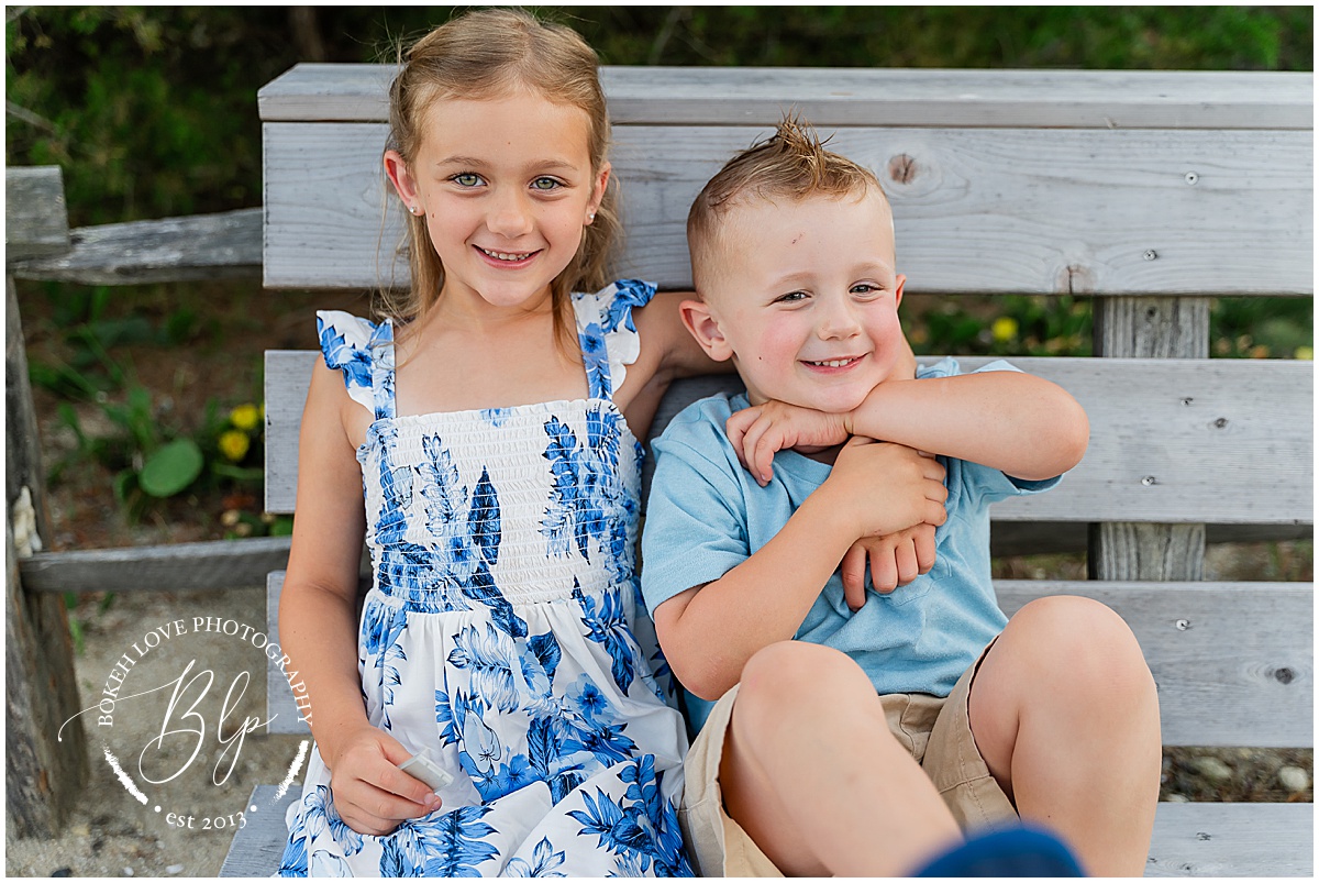 Bokeh Love Photography, Family portraits on the beach in avalon, siblings laughing on bench