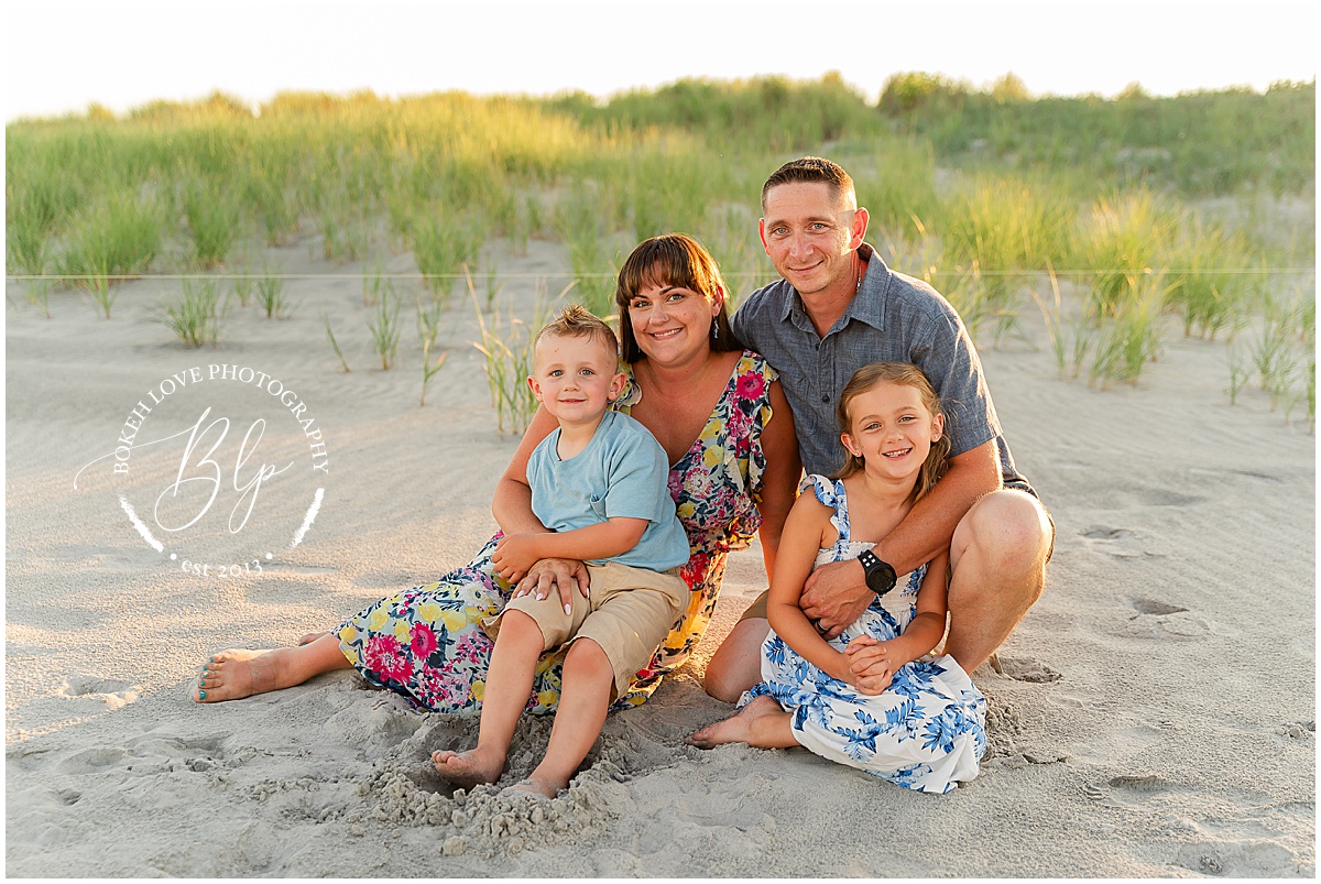 Bokeh Love Photography, Family portraits on the beach in avalon, bright colorful outfits, mom dad and two kids