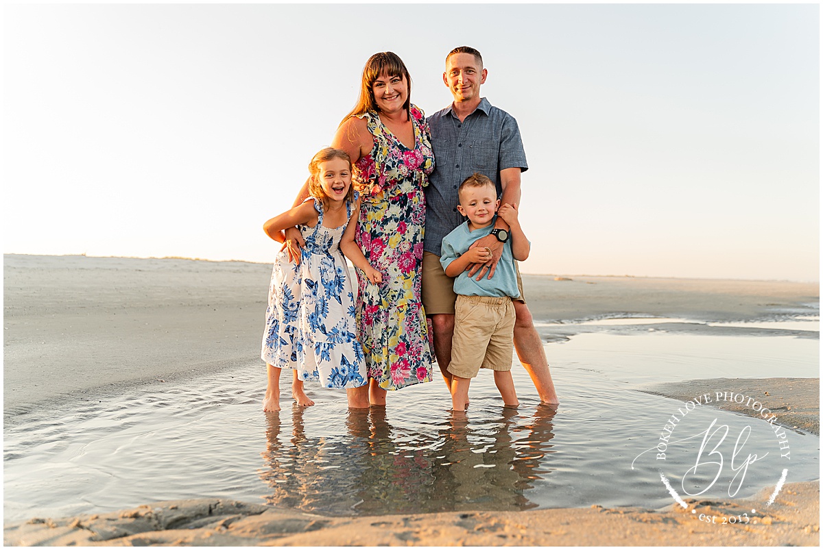 Bokeh Love Photography, Family portraits on the beach in avalon, bright colorful outfits, mom dad and two kids
