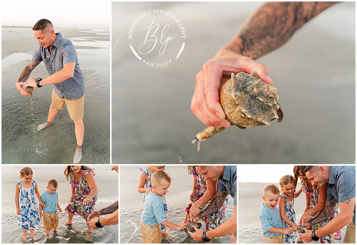 Bokeh Love Photography, Family portraits on the beach in avalon, bright colorful outfits, mom dad and two kids, dad finding conch shell and showing kids