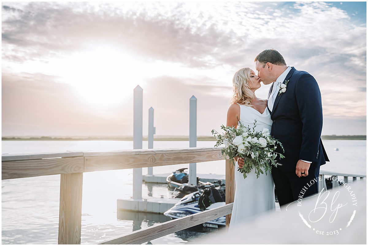 Bokeh Love Photography, Deauville Inn Wedding, bride and groom sunset portraits on bay