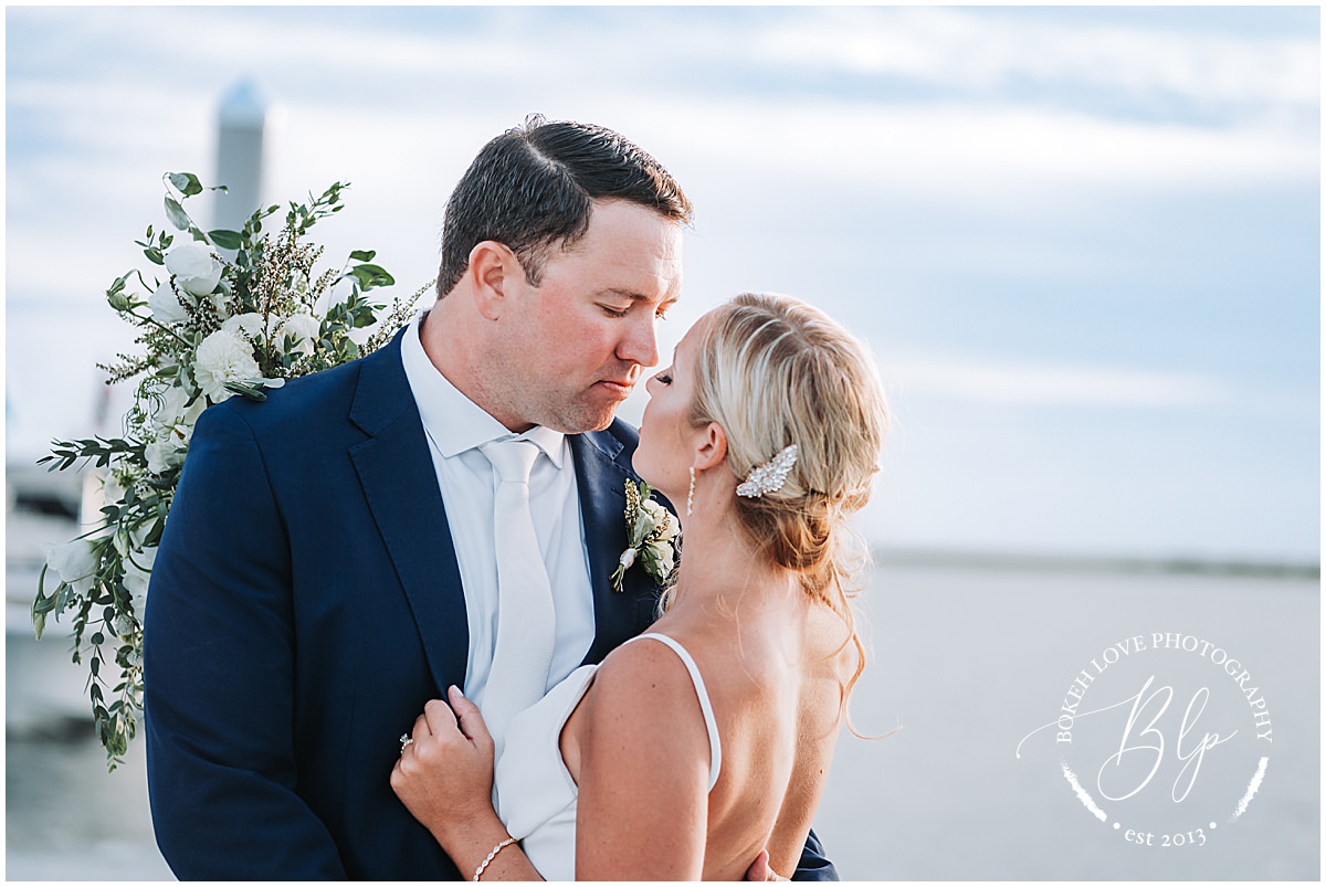 Bokeh Love Photography, Deauville Inn Wedding, bride and groom sunset portraits on bay