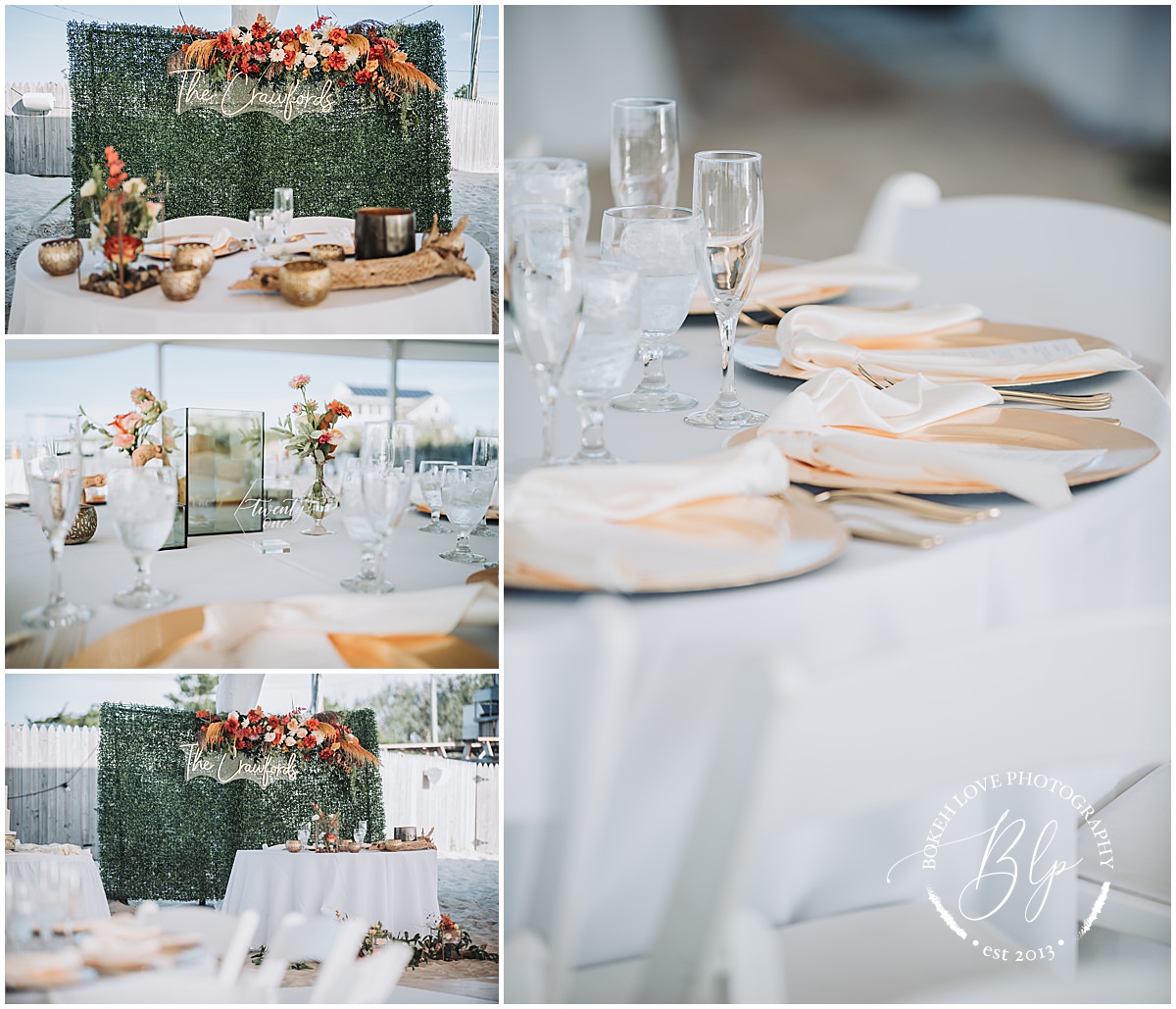 Bokeh Love Photography, Deauville Inn Wedding, wedding reception details, decorative plates, napkins, dinner menu, centerpieces