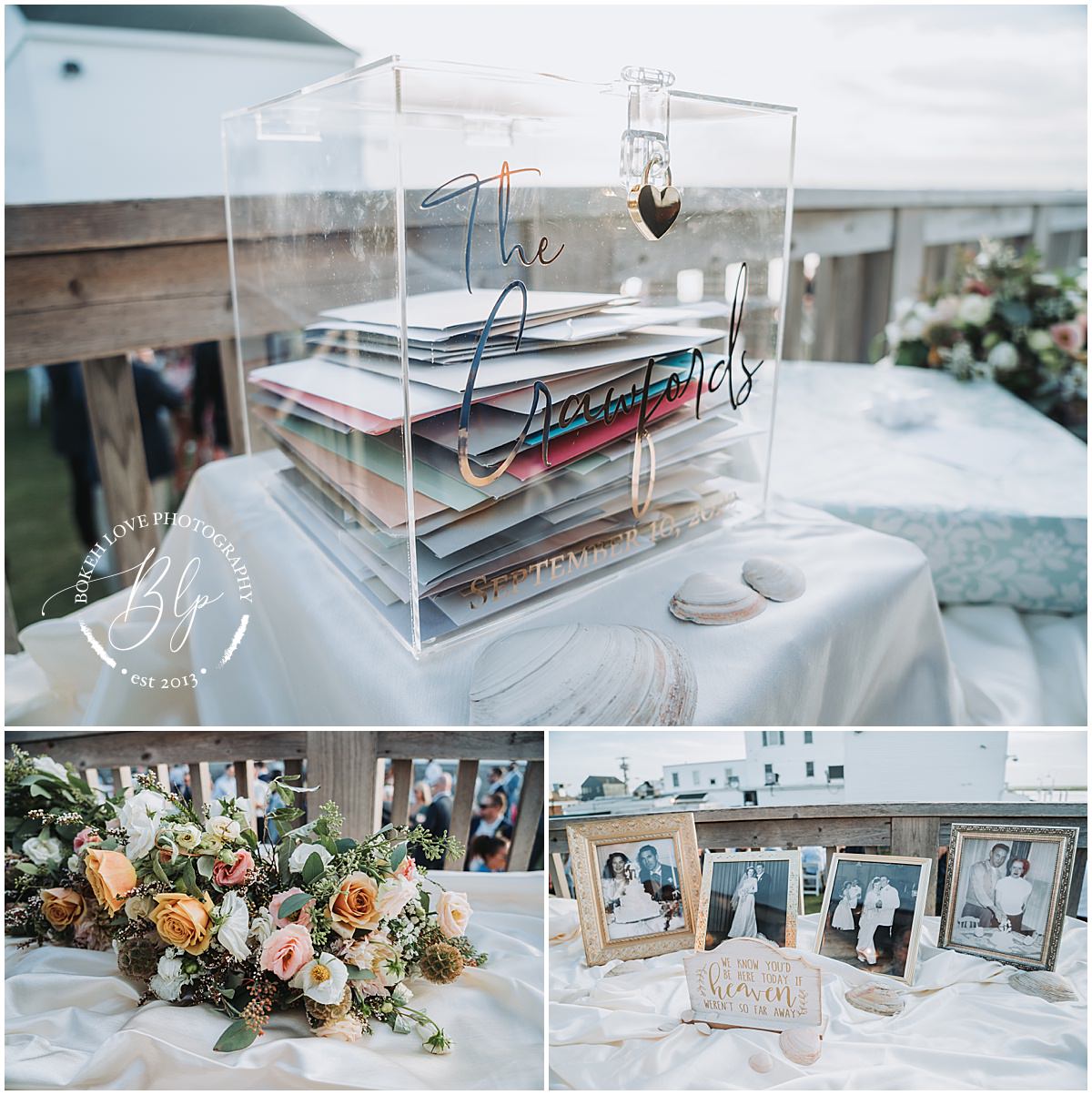 Bokeh Love Photography, Deauville Inn Wedding, wedding gift table, card box, and remembrance table