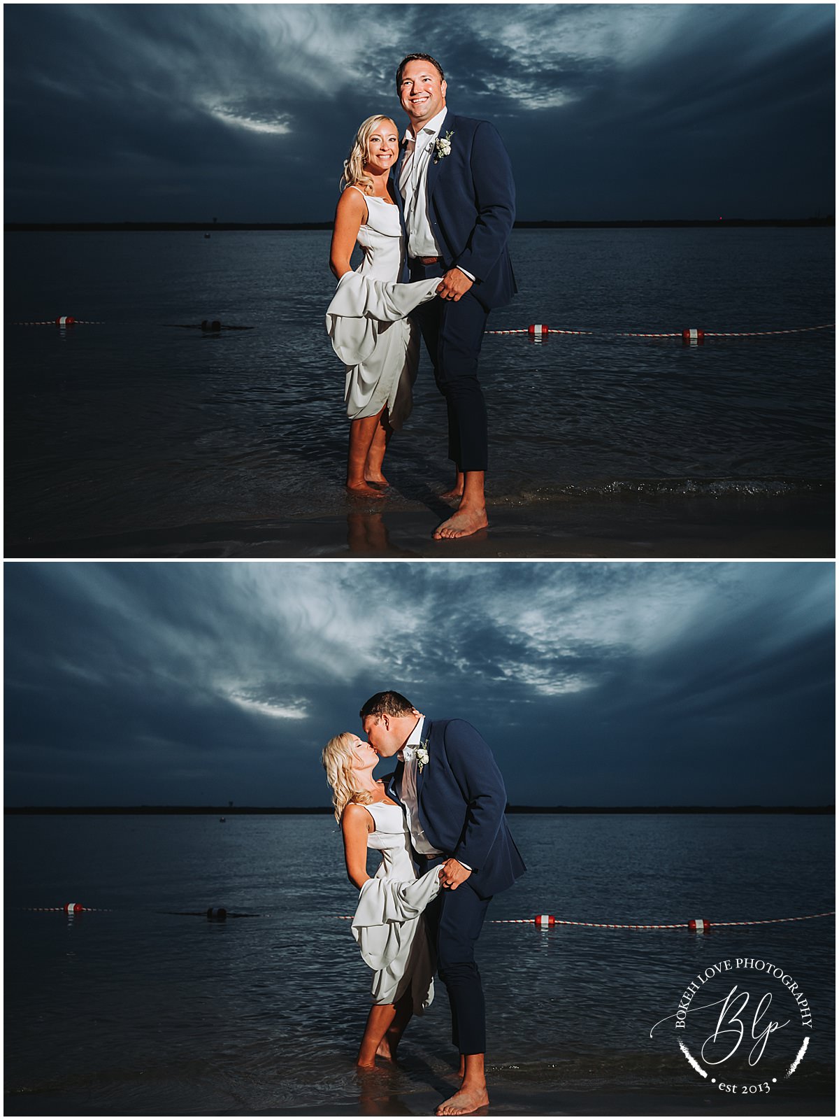 Wedding Photography by Bokeh Love Photography, end of night image with bride and groom standing in bay with night sky