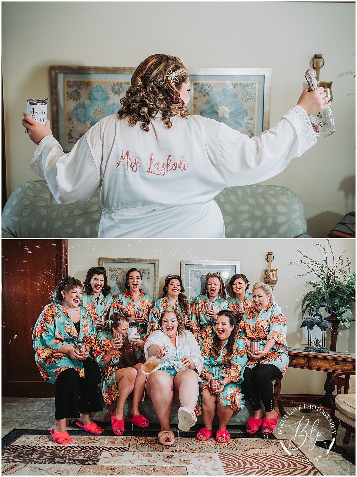 Photography by Bokeh Love Photography, bride and bridesmaids doing pj/ matching robe photo with champagne at the Flanders Hotel in Ocean City