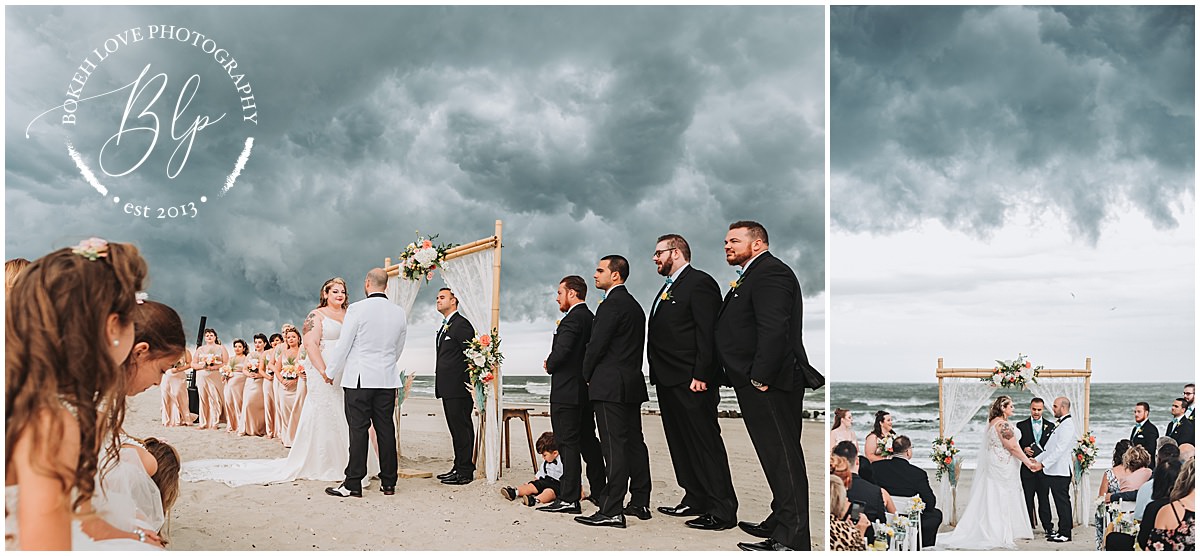 Photography by Bokeh Love Photography, stormy rainy wedding ceremony on beach at the Flanders Hotel in Ocean City