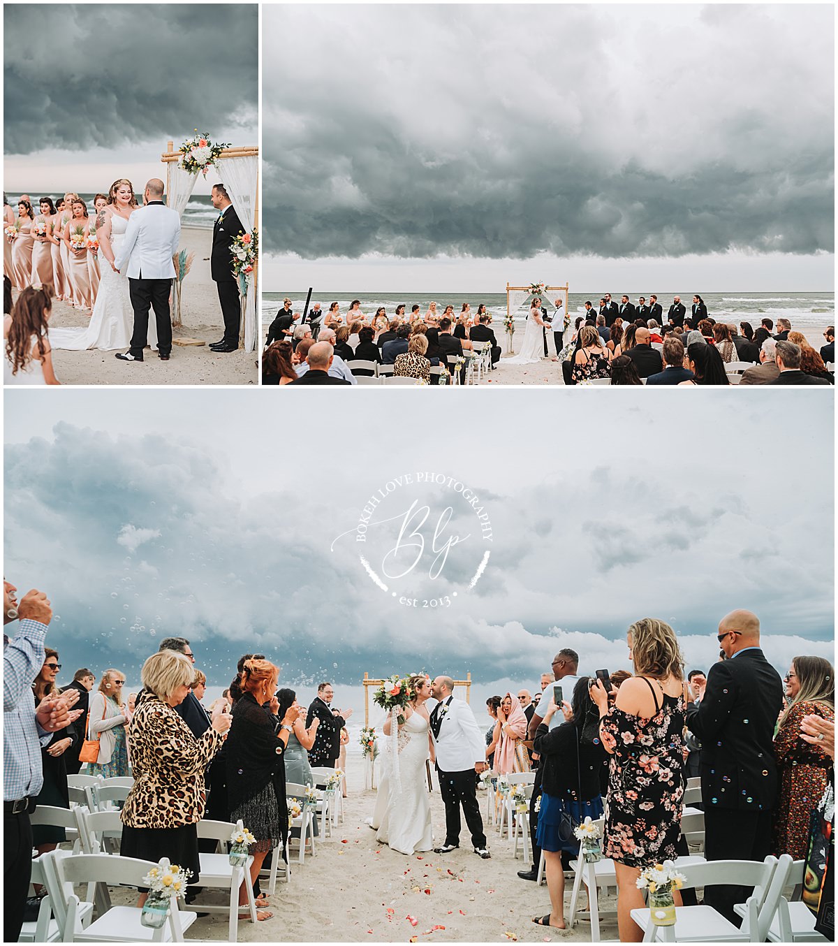 Photography by Bokeh Love Photography, stormy rainy wedding ceremony on beach at the Flanders Hotel in Ocean City