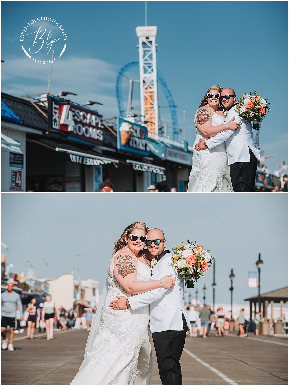 Photography by Bokeh Love Photography, bride and groom portraits at the Flanders Hotel in Ocean City, amusement park photos, wedding photos at the boardwalk at castaway cove