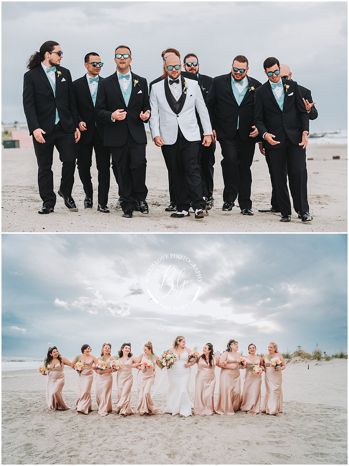 Photography by Bokeh Love Photography, wedding party portraits on the beach at the flanders hotel in ocean city