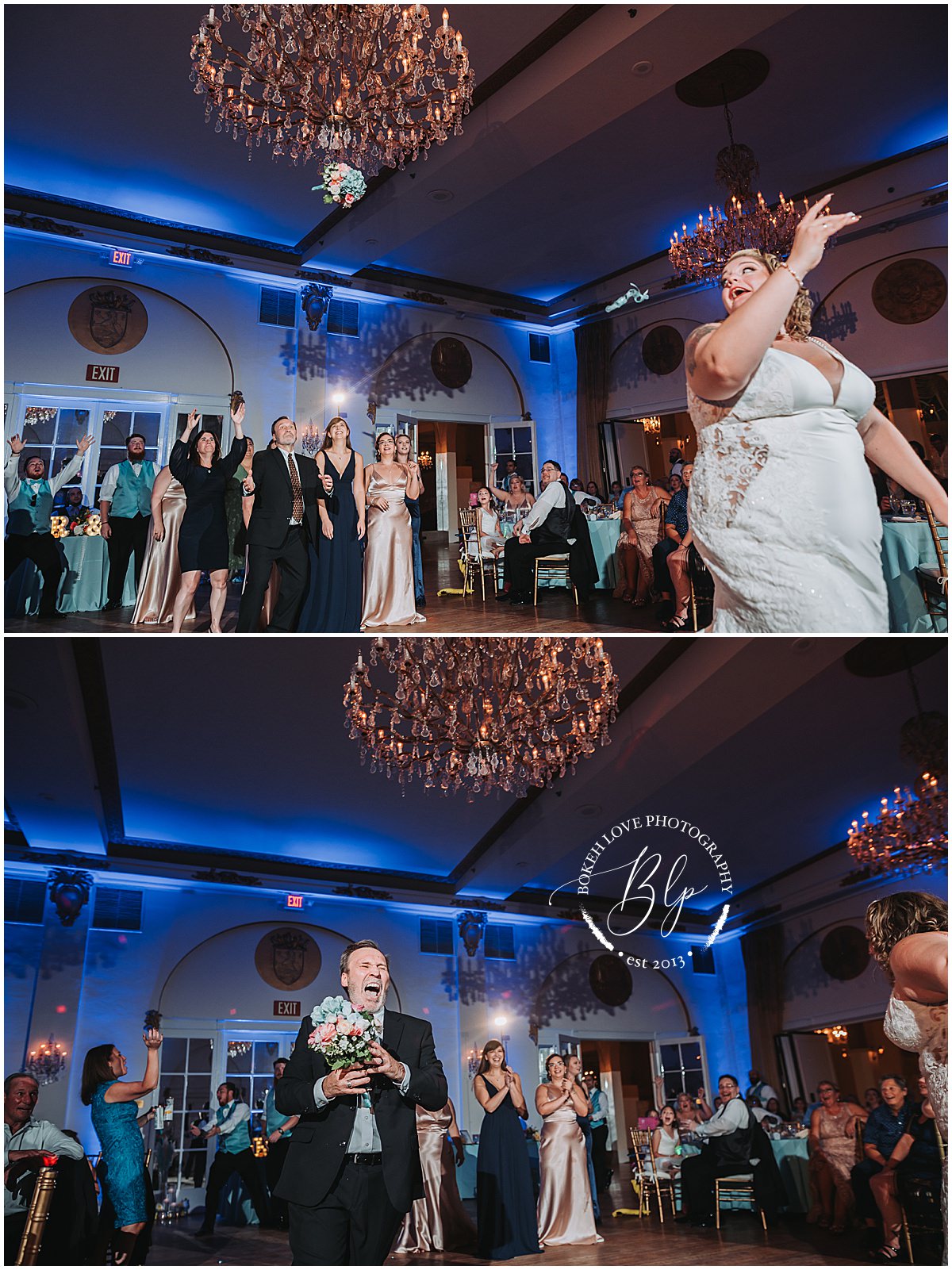 Photography by Bokeh Love Photography, wedding reception photos at the flanders hotel in ocean city, bouquet toss
