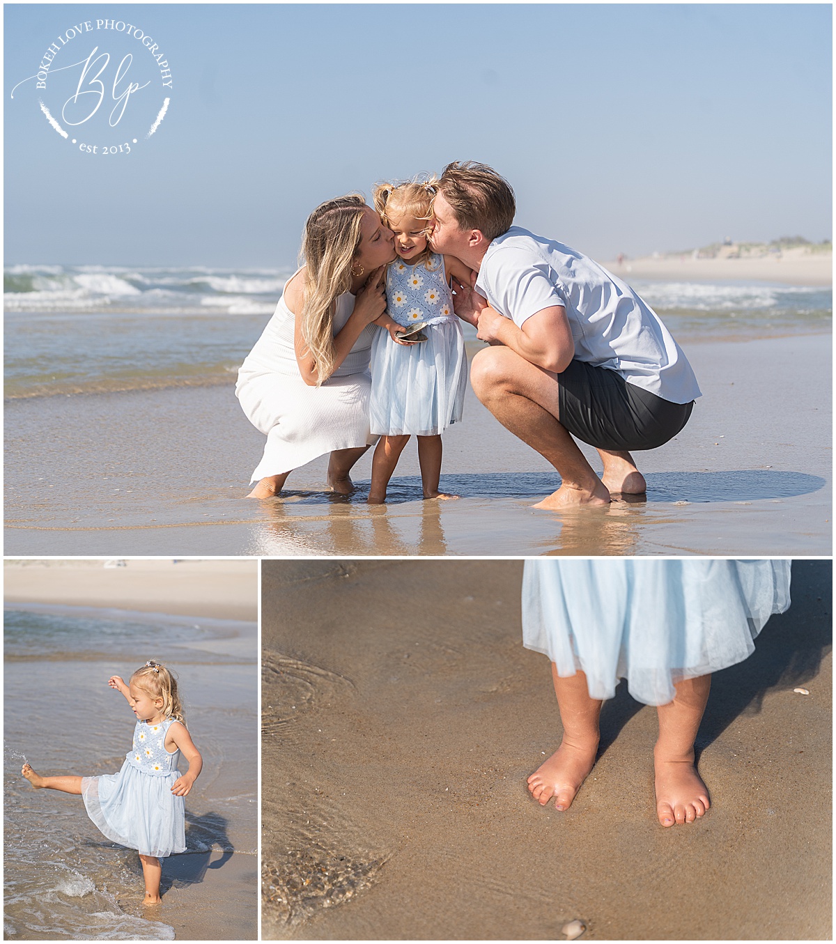 Family on beach wearing light blue and white clothing in Beach Haven NJ