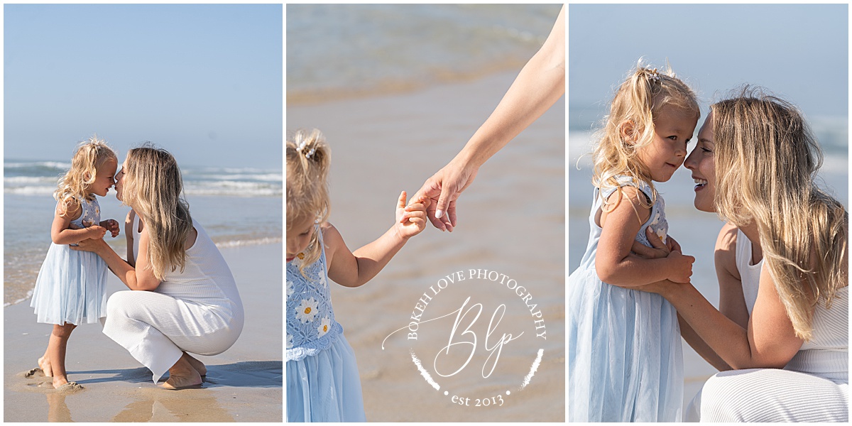 Family on beach wearing light blue and white clothing in Beach Haven NJ