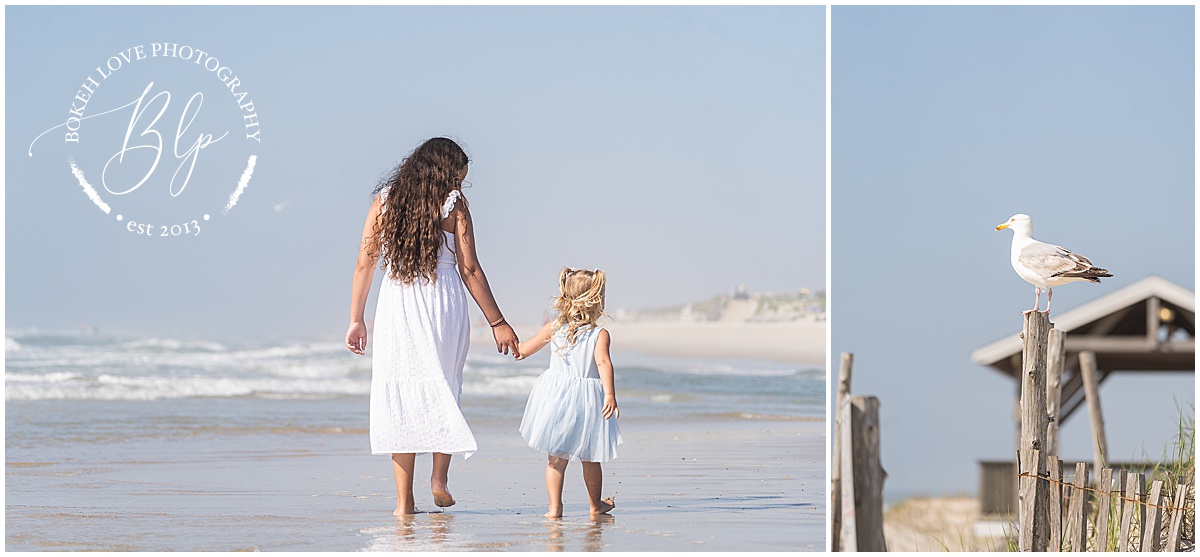 Family on beach wearing light blue and white clothing in Beach Haven NJ