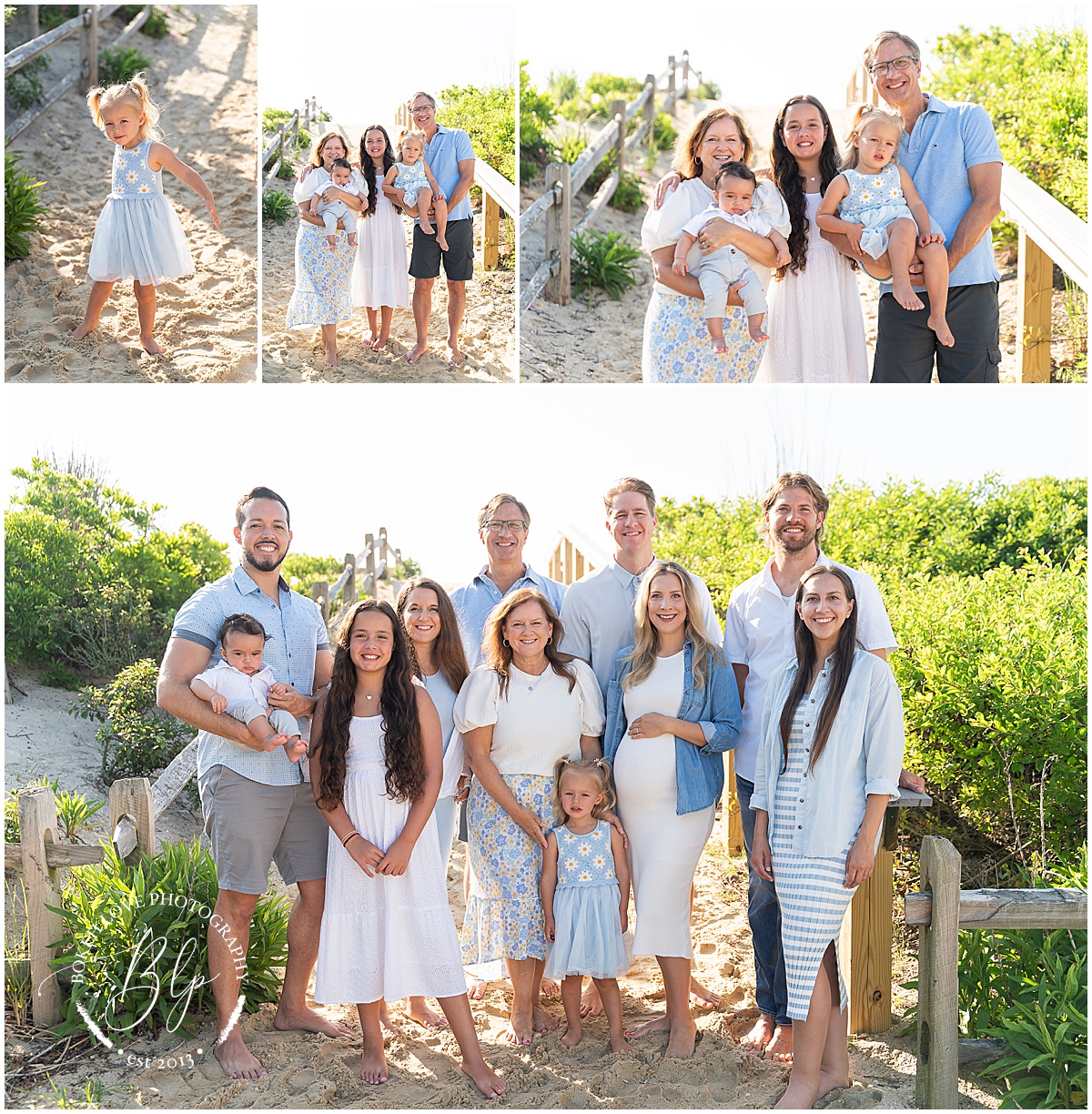 Family on beach wearing light blue and white clothing in Beach Haven NJ