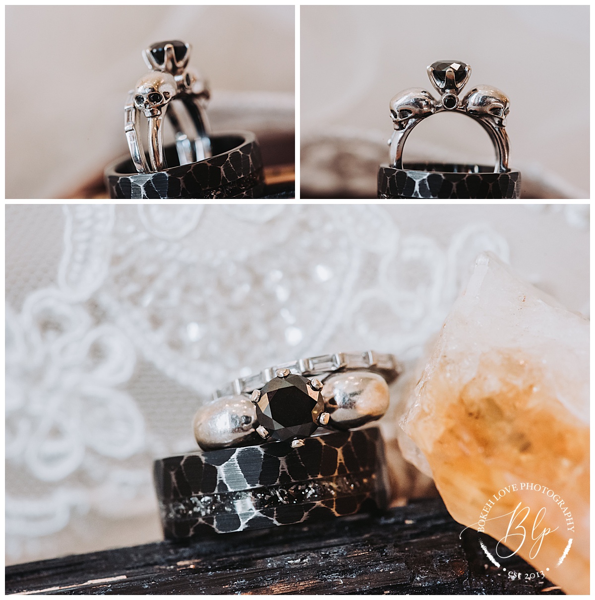 Harvest Chic Wedding at Renault, Macro photography of wedding rings with skulls.