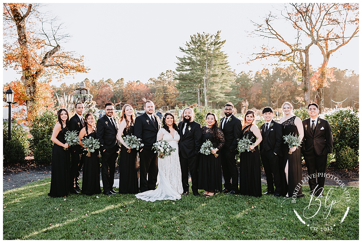 Wedding party at renault winery. Photo by Bokeh Love Photography. October Wedding. Black Bridesmaids Dresses. 