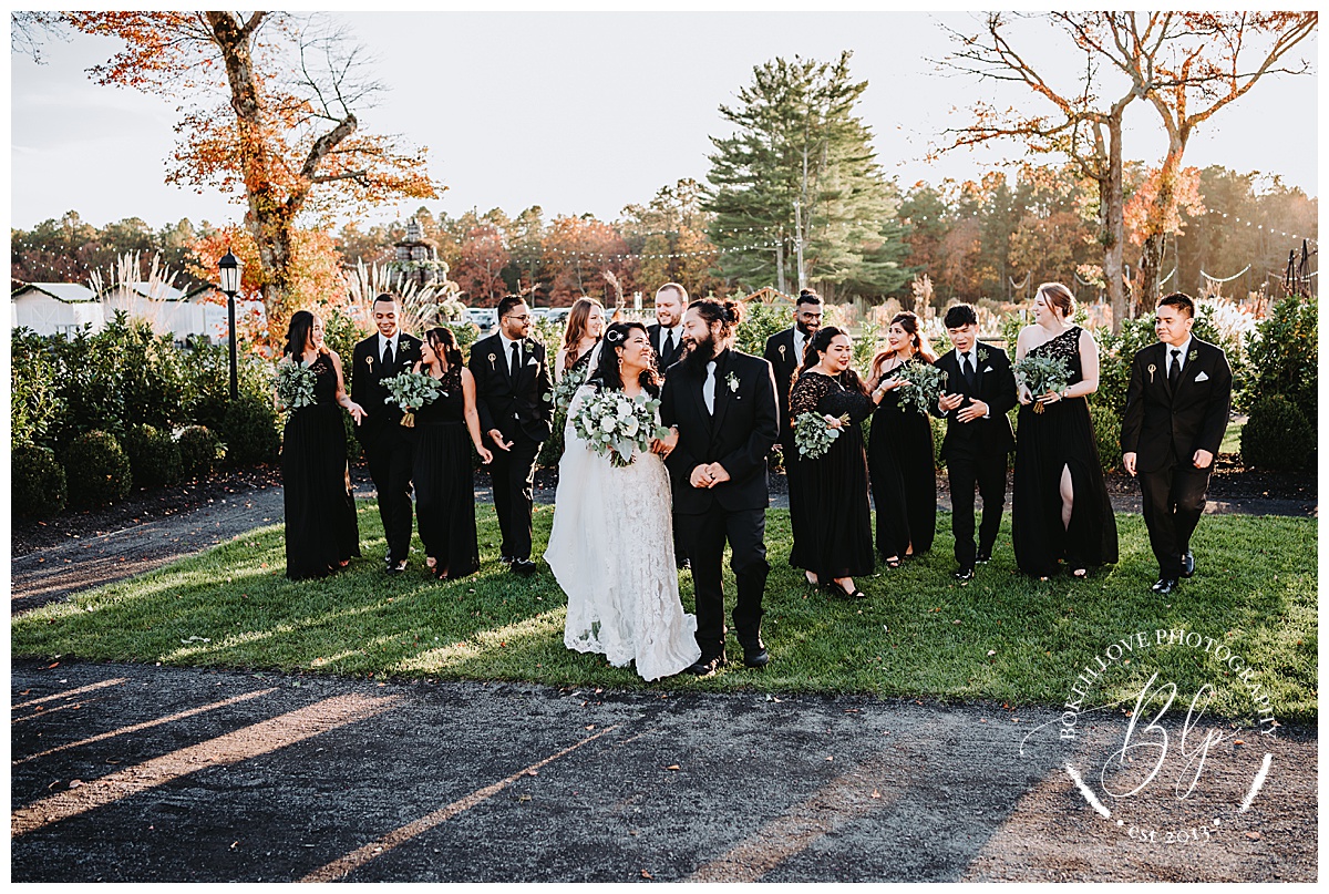 Wedding party at renault winery. Photo by Bokeh Love Photography. October Wedding. Black Bridesmaids Dresses. 