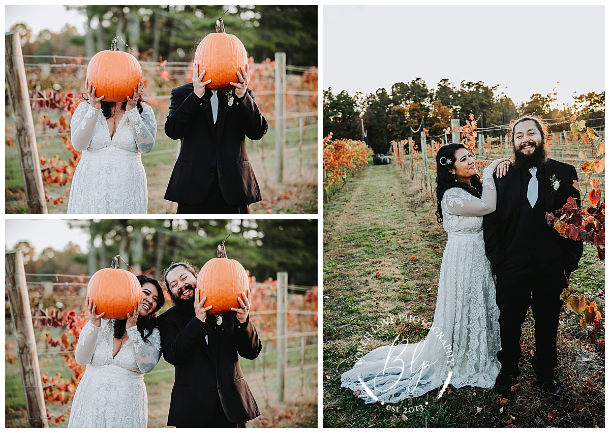 Bride and Groom Portraits Renault Winery. Photo by Bokeh Love Photography. October Wedding. Bride and Groom with Pumpkins in front of face. Trendy wedding photos. South Jersey Wedding Photographer.