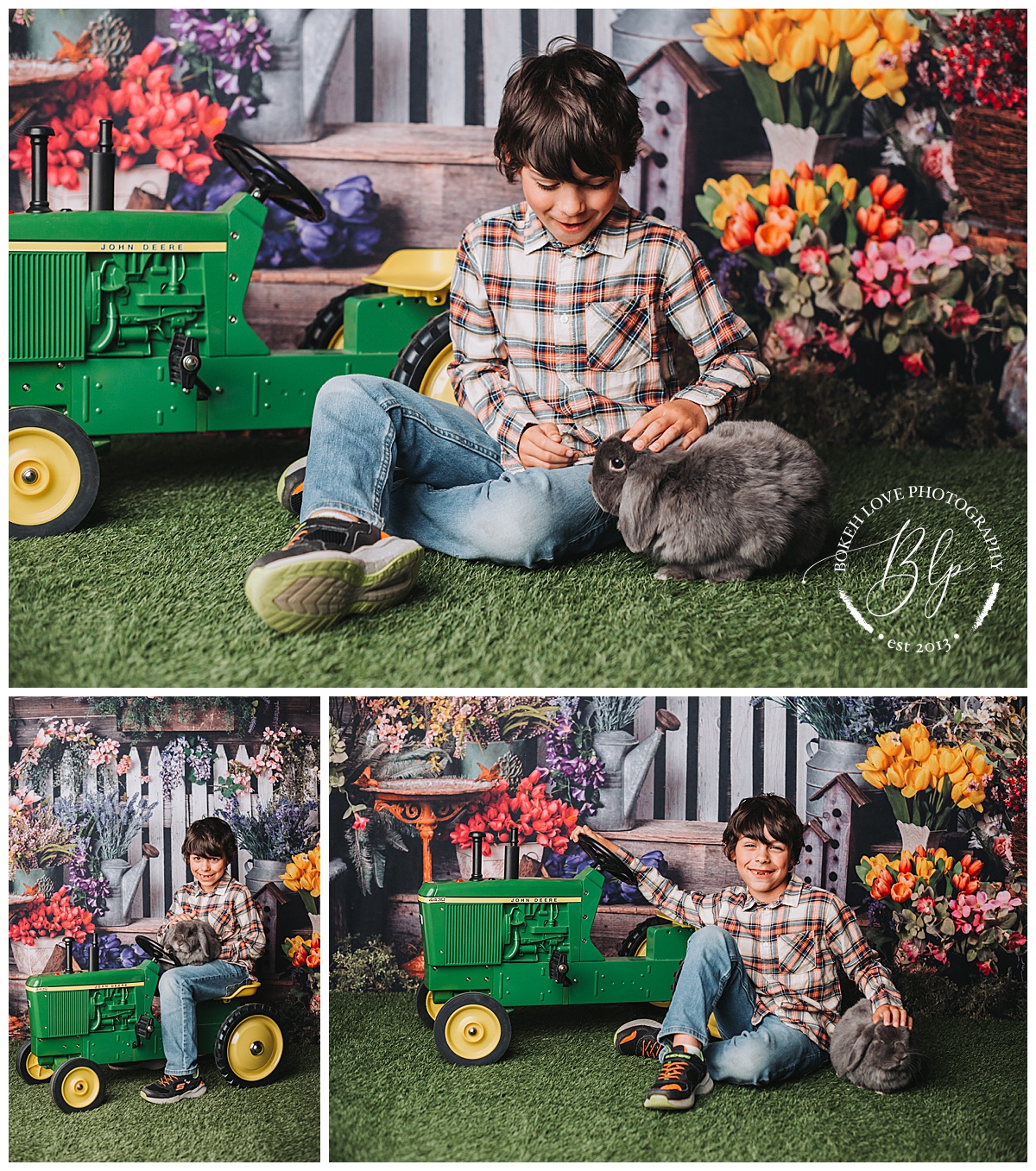 Spring Mini Sessions in Galloway, Bokeh Love Photography, South Jersey Family photographer, boy with gray bunny, boy sitting on tractor in front of spring floral backdrop