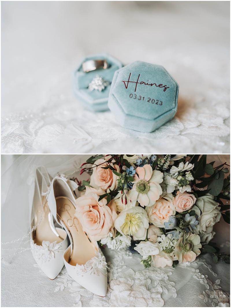 Professional Wedding Photo by Bokeh Love Photography, the bradford estate, bridal prep,  jewelry, shoes, flowers