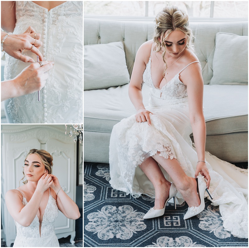 Professional Wedding Photo by Bokeh Love Photography, the bradford estate, bridal prep, bride putting on shoes, on white couch, very pretty