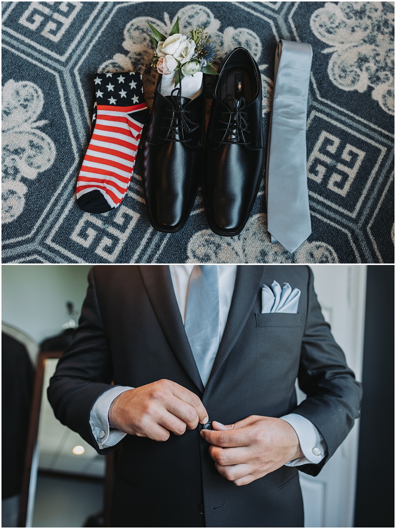 Professional Wedding Photo by Bokeh Love Photography, the bradford estate, groom prep, groom buttoning jacket, america socks for groom