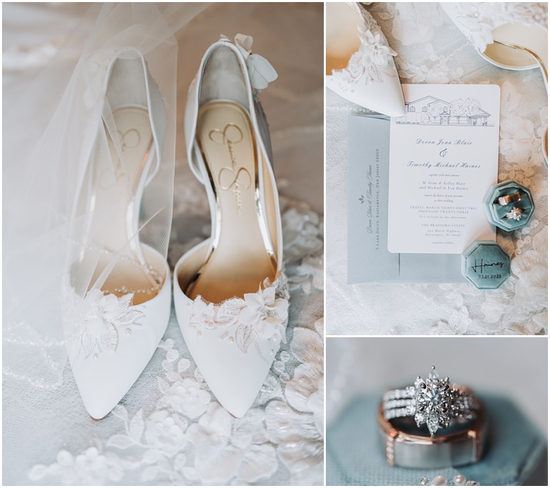 Professional Wedding Photo by Bokeh Love Photography, the bradford estate, bridal prep, wedding rings, jewelry, wedding shoes, wedding invitation