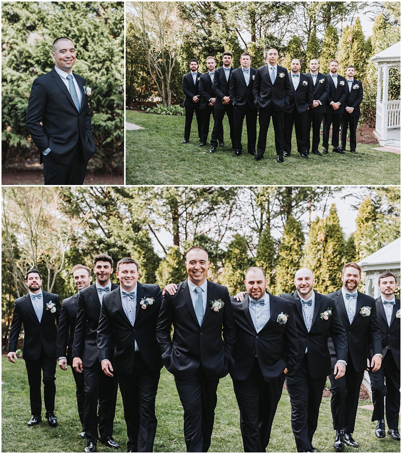 Professional Wedding Photo by Bokeh Love Photography, the bradford estate, bridal party, wedding party, light blue dresses, light blue ties, black suits